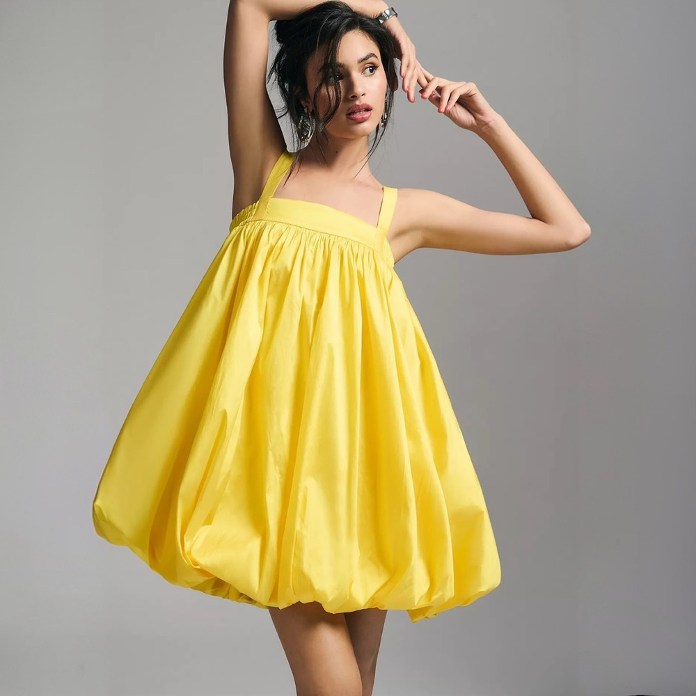 NWT Anthropologie Bloni Square Neck Taffeta Bubble Mini Dress Yellow XXS